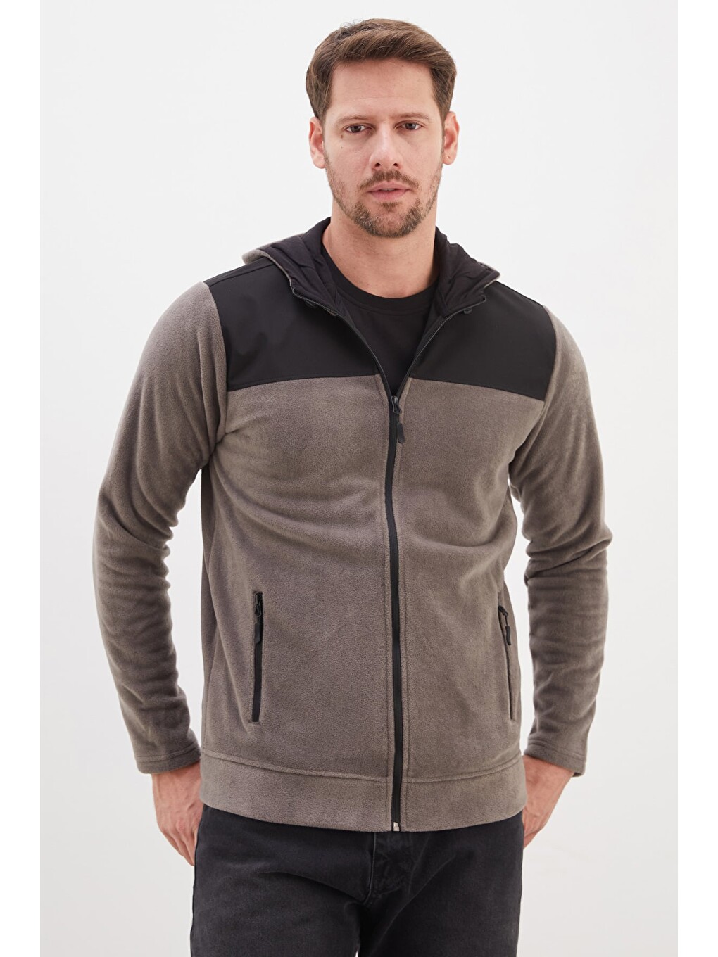 Gri Fermuarlı Kapüşonlu Polar Sweatshirt-4