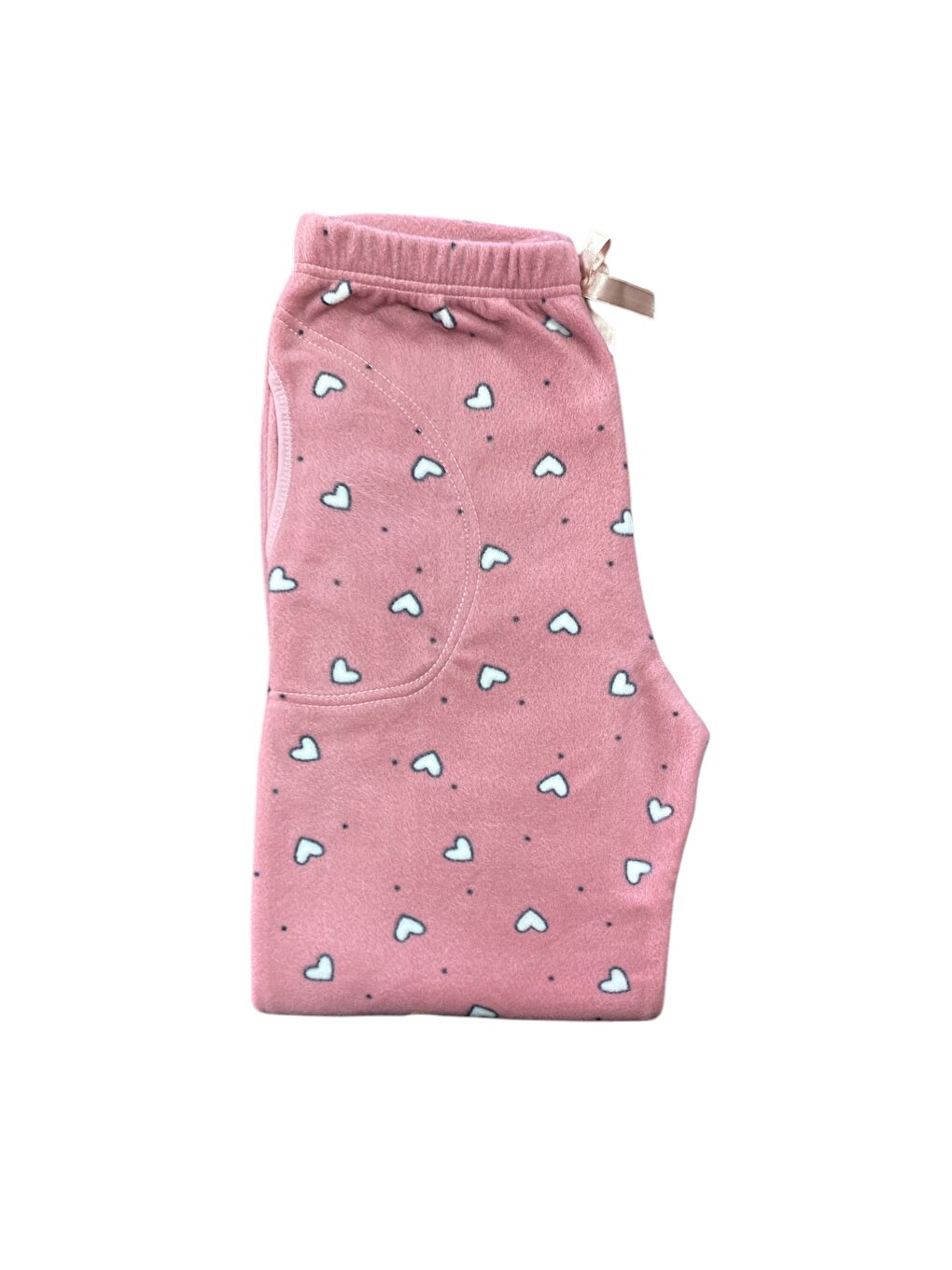 Beyaz Kadın Pudra Kalpli Polar Cepli Kışlık Kalın Kaliteli Pijama Altı-1