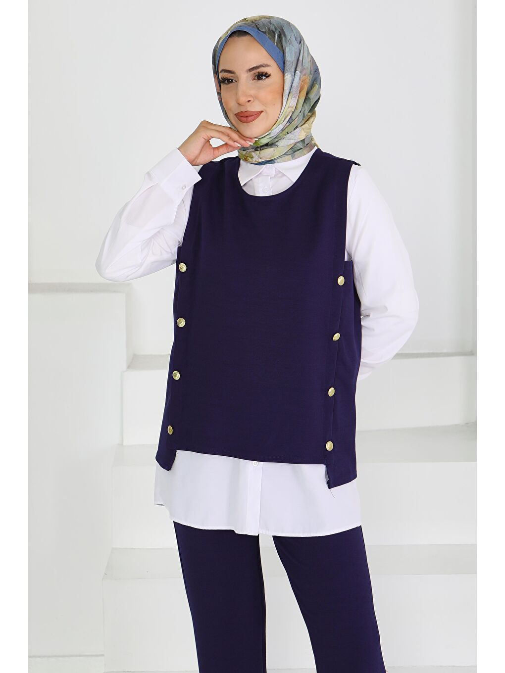 Düğmeli Süveter Pantolon Mira Takım Lacivert - 27613-3