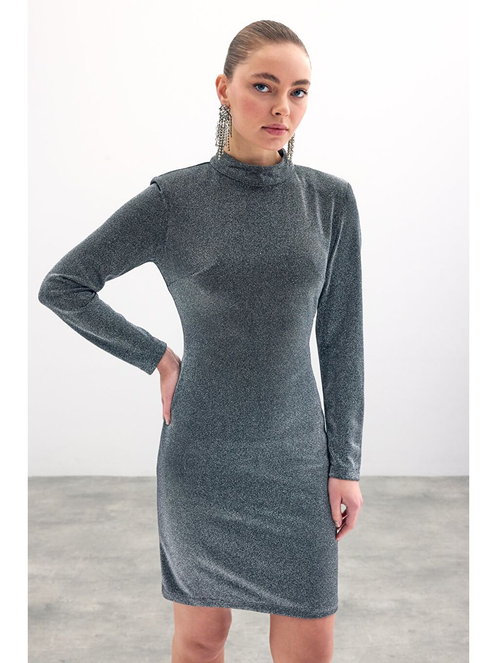 Parlak Kısa Elbise - Antrasit-2