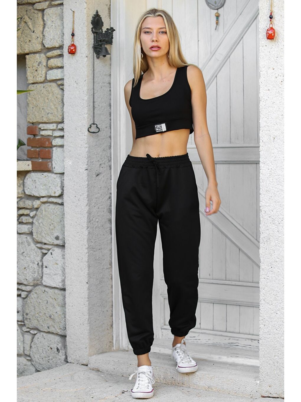 Siyah Çift Cepli Örme Casual Pantolon-3