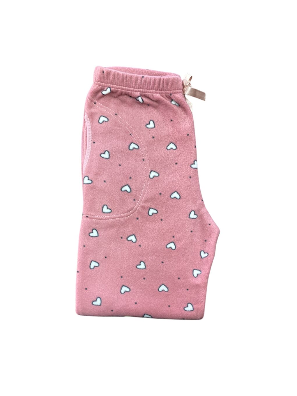 Beyaz Kadın Pudra Kalpli Polar Cepli Kışlık Kalın Kaliteli Pijama Altı-2