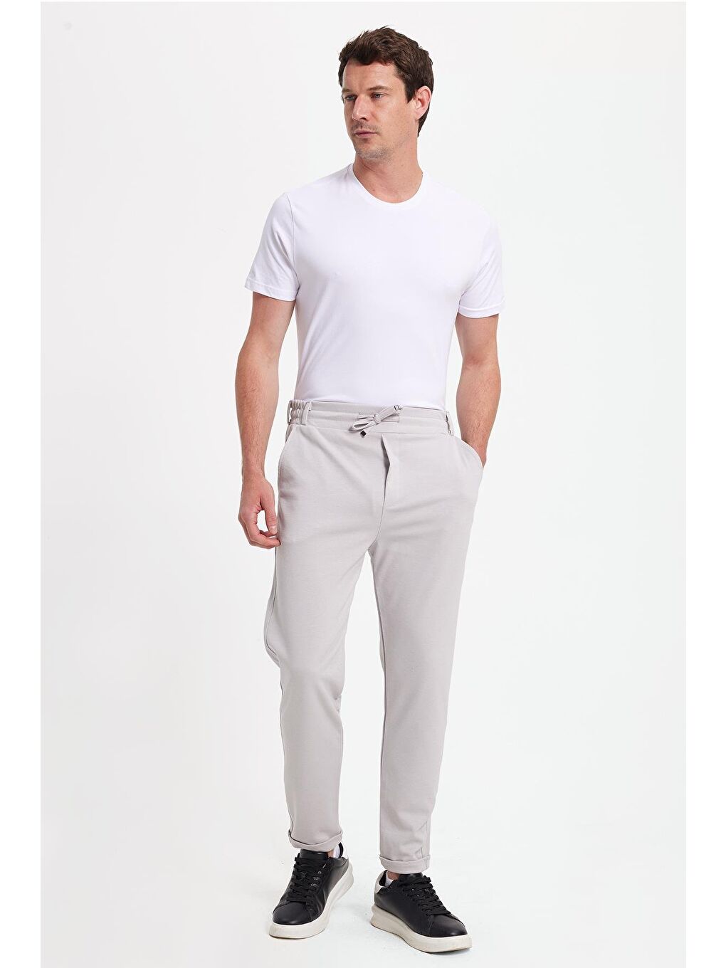 Erkek Slim Fit Pamuklu Beli Bağlamalı Yan Cepli Katlamalı Paça Jogger Gri Pantolon-7