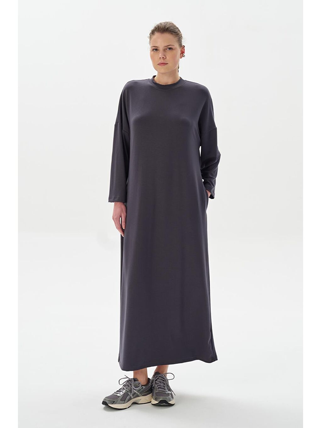 Gri Modal Örme Uzun Basic Elbise Füme