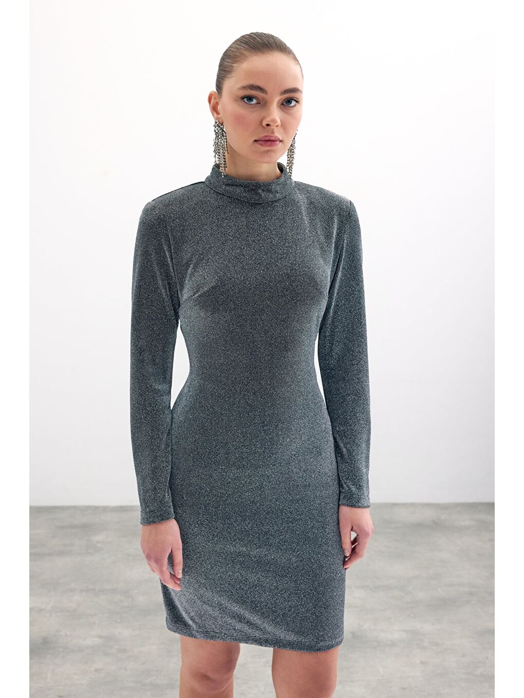 Parlak Kısa Elbise - Antrasit-3
