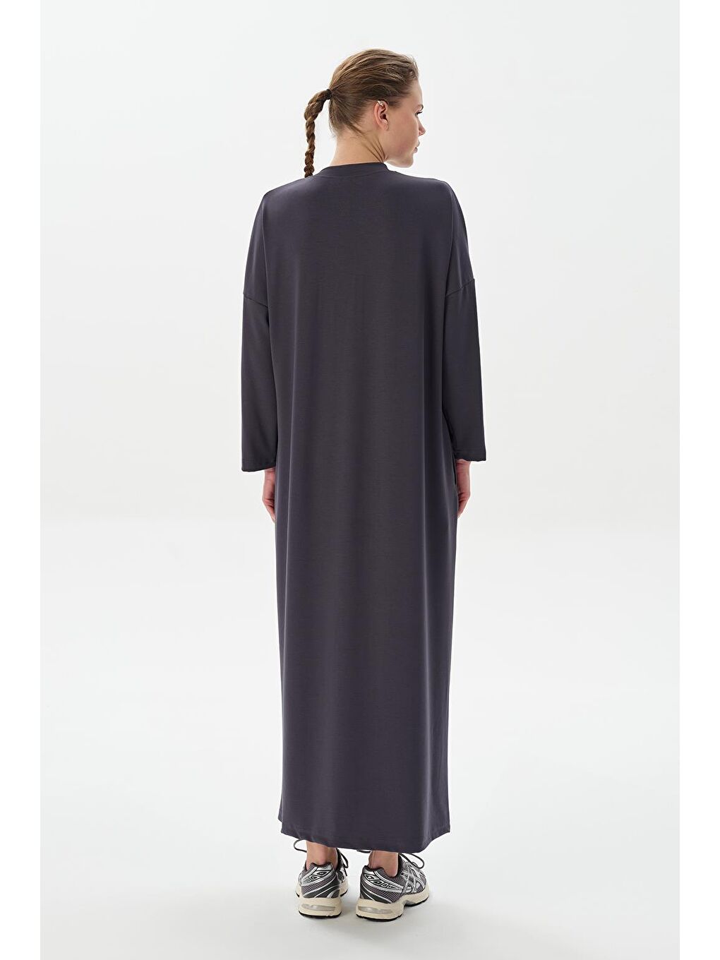 Gri Modal Örme Uzun Basic Elbise Füme-3