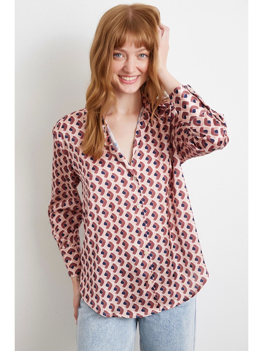 Geometrik Desenli Saten Gömlek Pembe-2