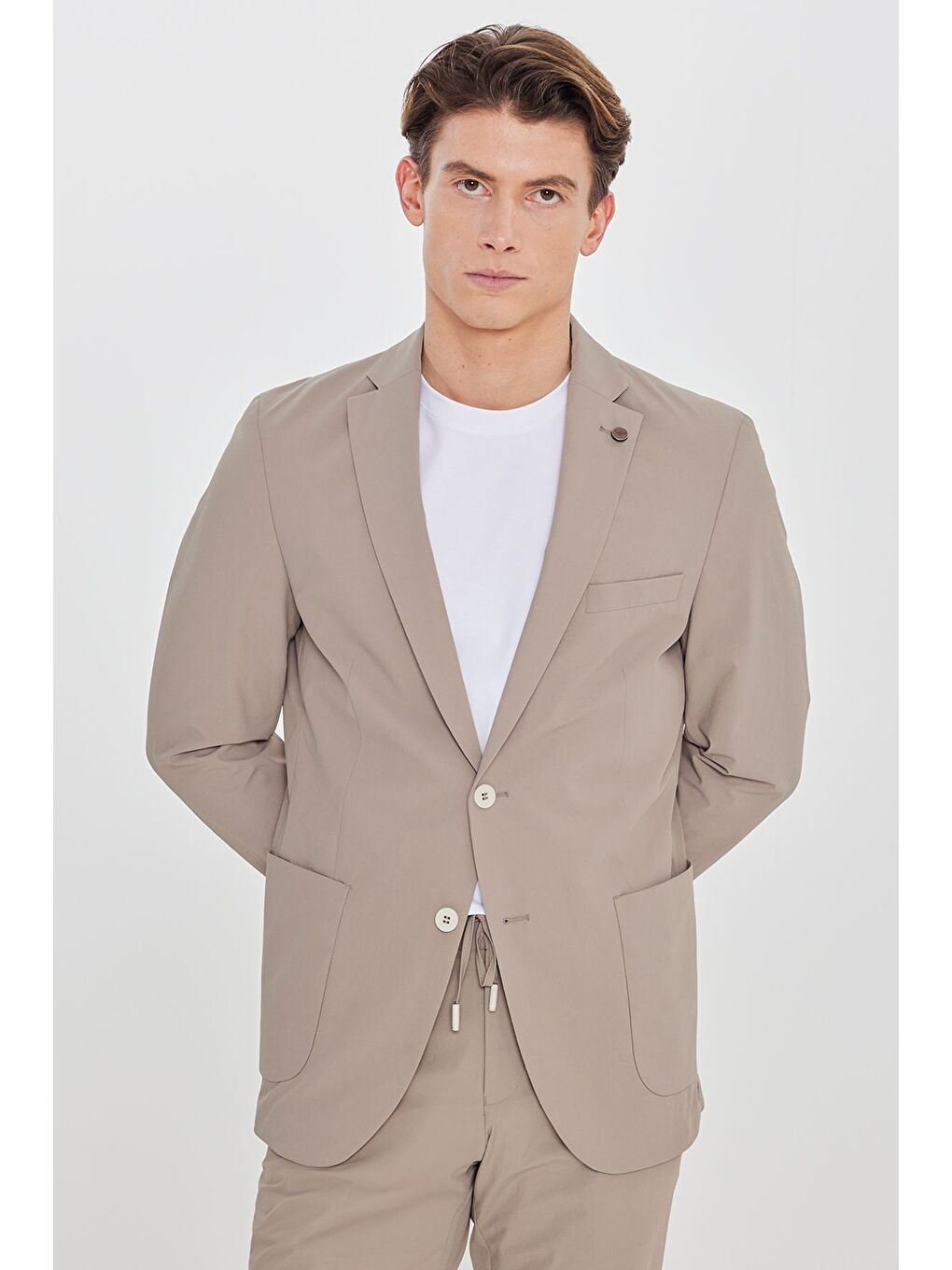 Erkek Bej Slim Fit Dar Kesim Mono Yaka Torba Cepli Esnek Takım Elbise-2
