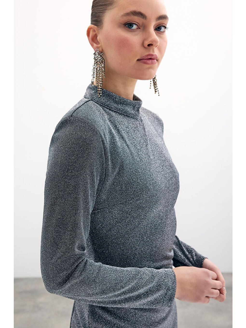 Parlak Kısa Elbise - Antrasit-4