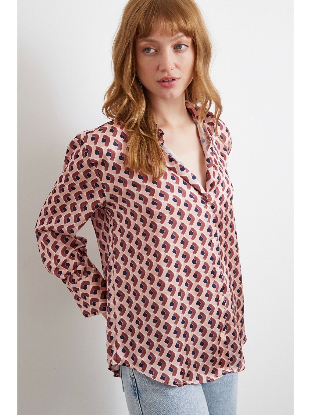 Geometrik Desenli Saten Gömlek Pembe-3