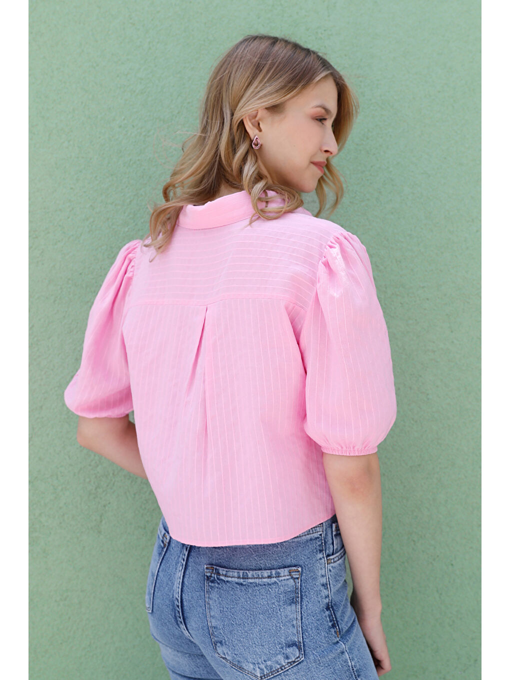 Pembe Çizgili Balon Kol Crop Gömlek-3