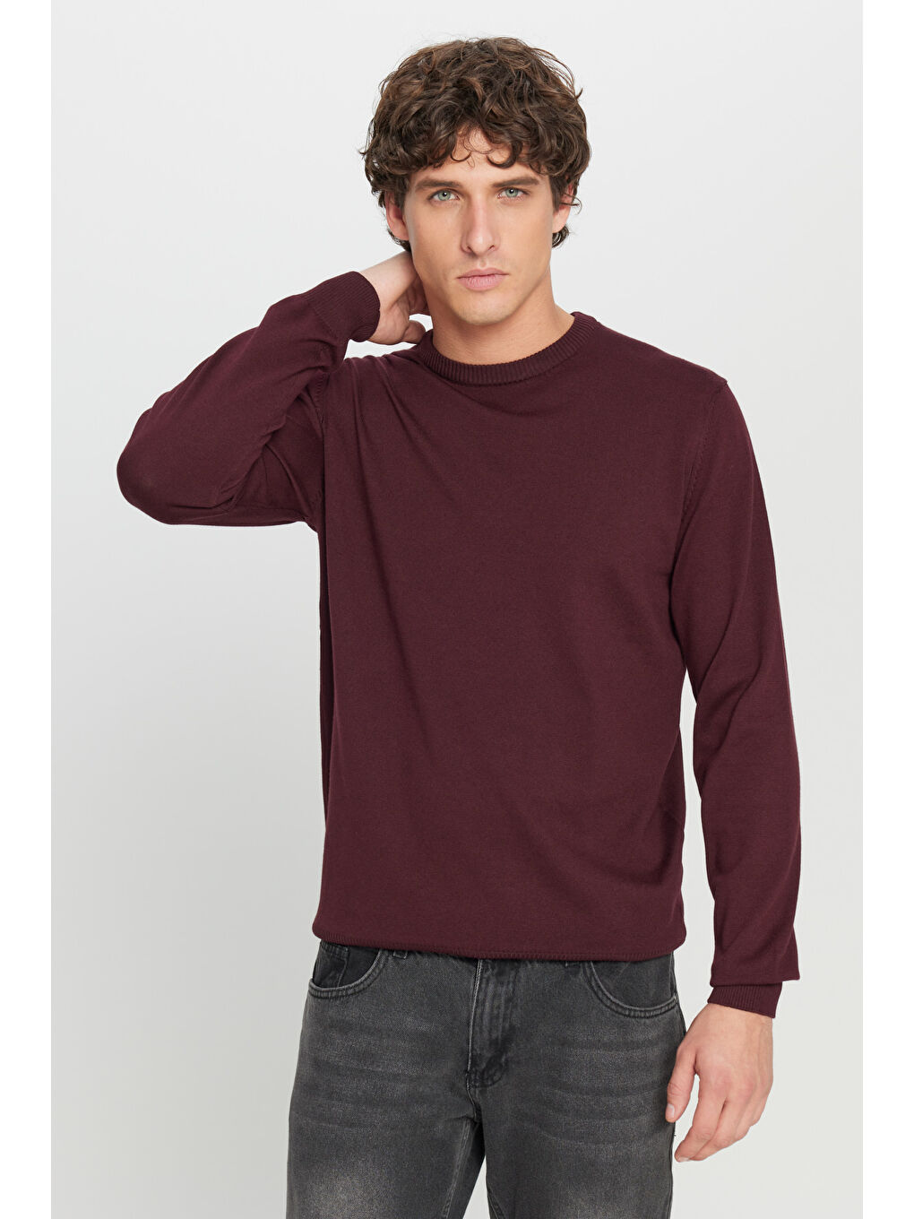 Erkek Bordo Pamuklu Standart Fit Normal Kesim Bisiklet Yaka Triko Kazak-2