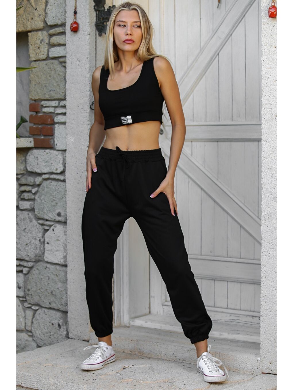 Siyah Çift Cepli Örme Casual Pantolon-4