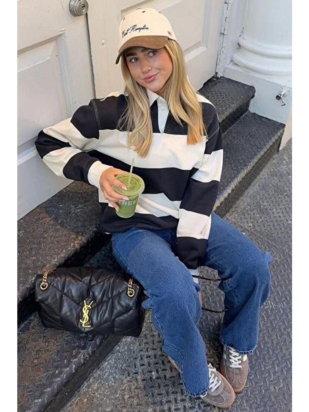 Beyaz Çizgili Düğmeli Polo Yaka Kadın Uzun Kollu Tişört  Mg2586-1