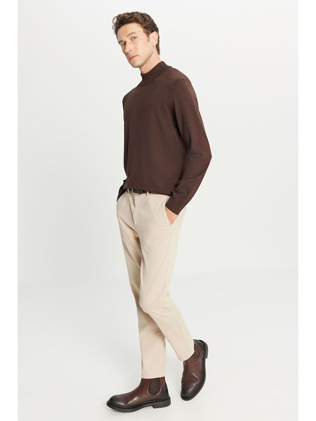 Erkek Bej Pamuklu Slim Fit Dar Kesim Yan Cepli Casual Esnek Pantolon-2