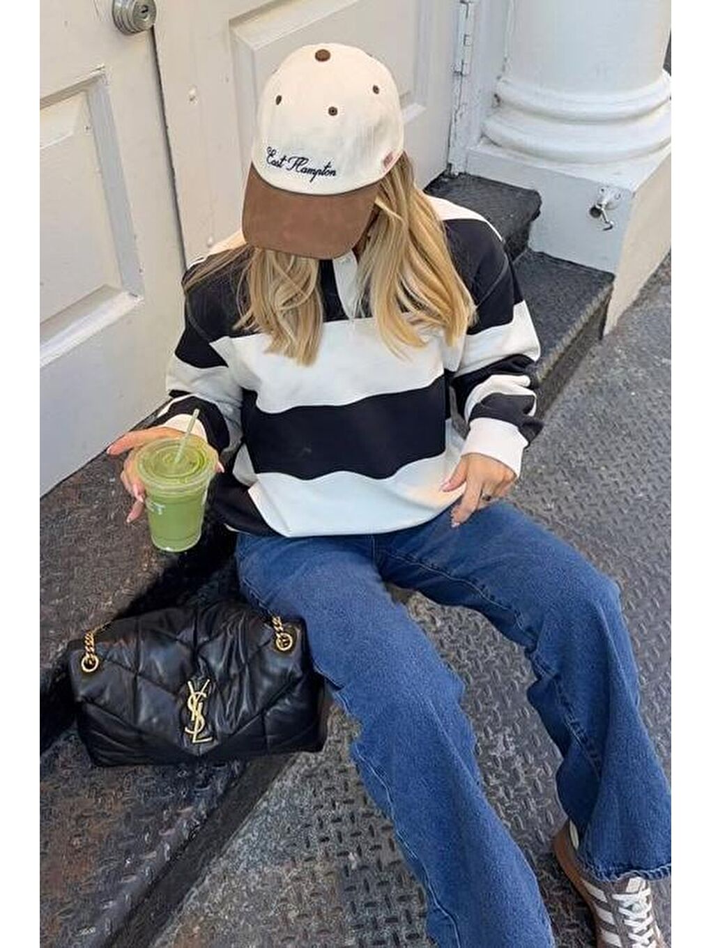 Beyaz Çizgili Düğmeli Polo Yaka Kadın Uzun Kollu Tişört  Mg2586-2