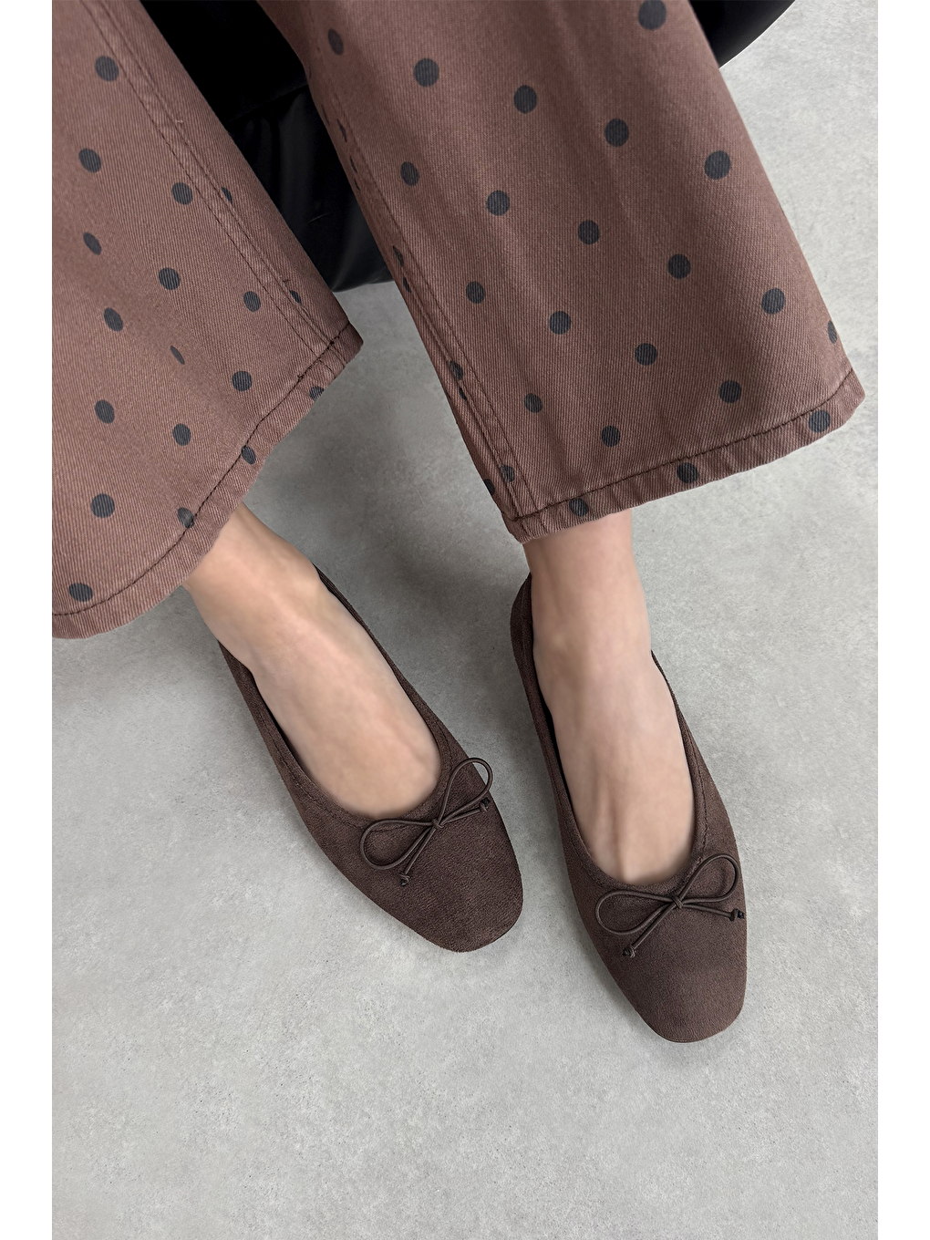 Kahverengi Galo Kadın Fiyonk Detay Süet Babet Kahve-2