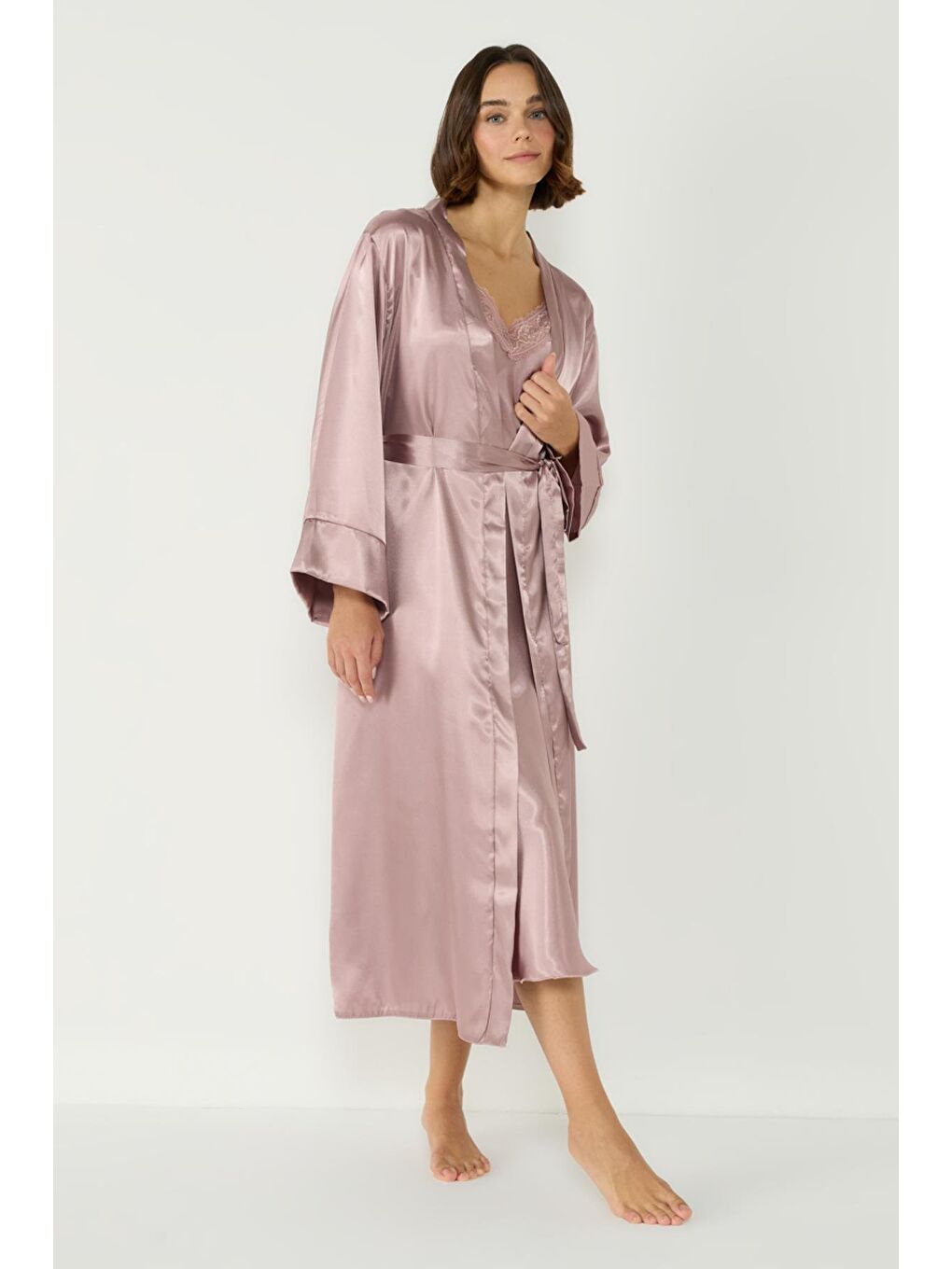 Bej Uzun Kol Saten Sabahlık 093 Vizon