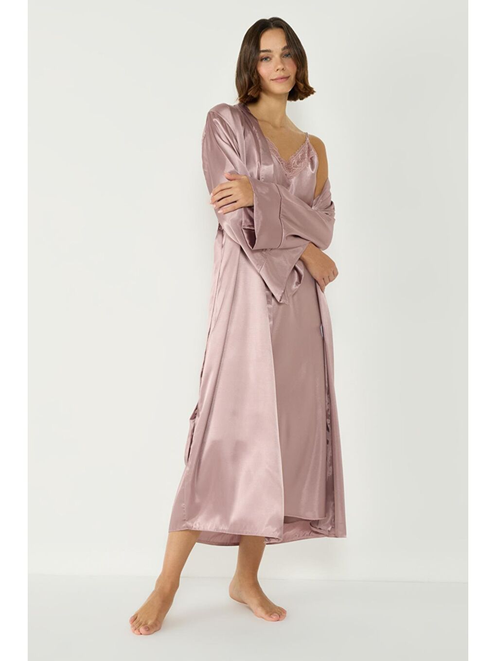 Bej Uzun Kol Saten Sabahlık 093 Vizon-1