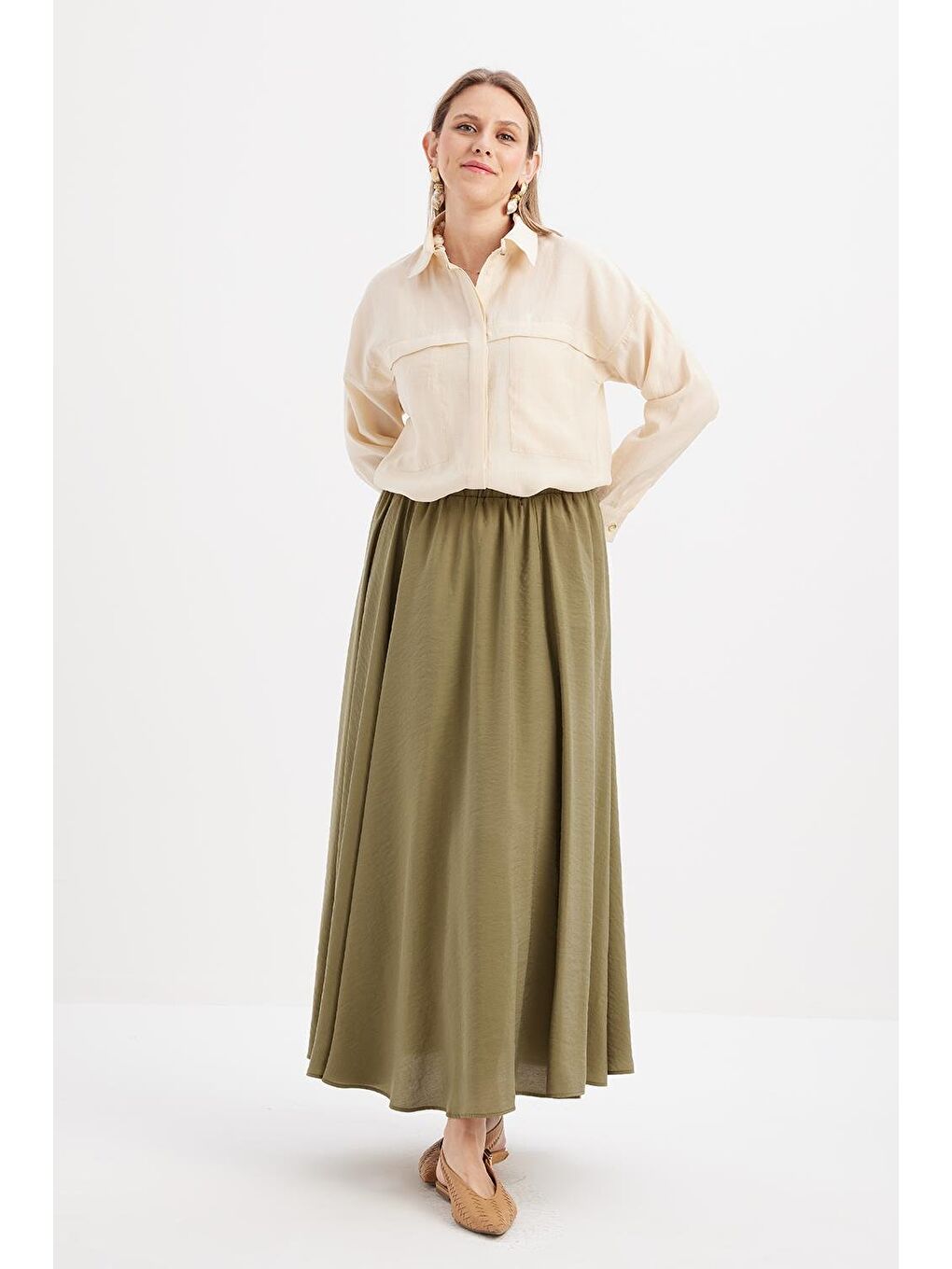 Haki-Lastikli Basic Etek-1