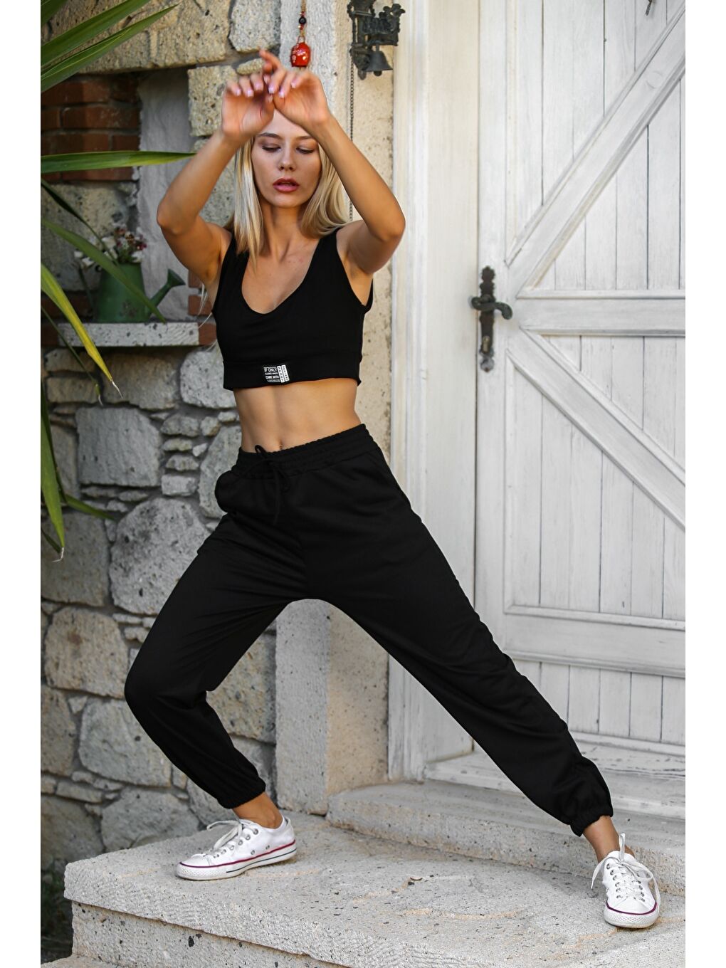 Siyah Çift Cepli Örme Casual Pantolon-5