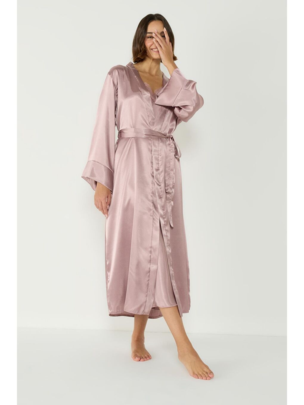 Bej Uzun Kol Saten Sabahlık 093 Vizon-2