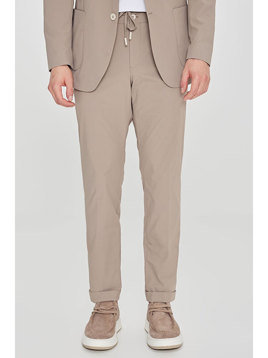 Erkek Bej Slim Fit Dar Kesim Mono Yaka Torba Cepli Esnek Takım Elbise-4