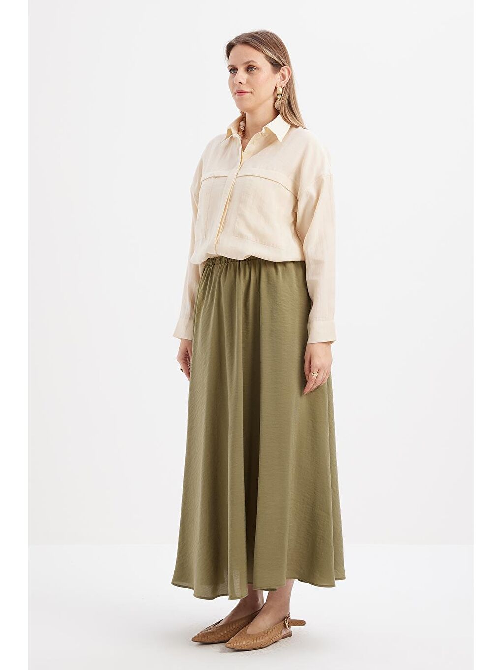 Haki-Lastikli Basic Etek-2