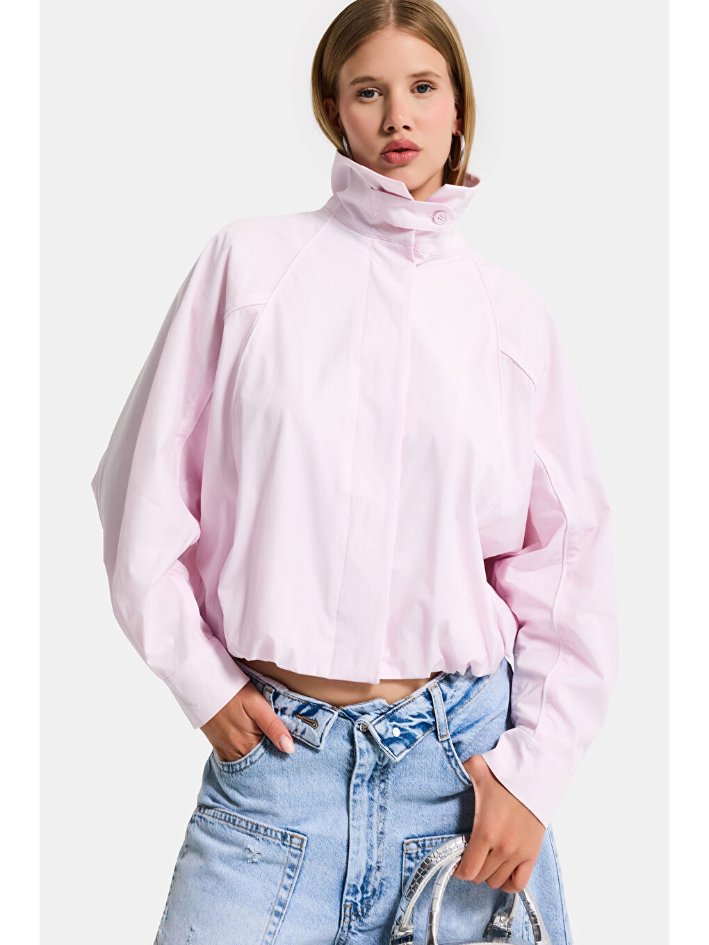 kadın Pembe Renk w5 Oversize Özel Organik Kumaş Tasarım Gömlek Ceket-4