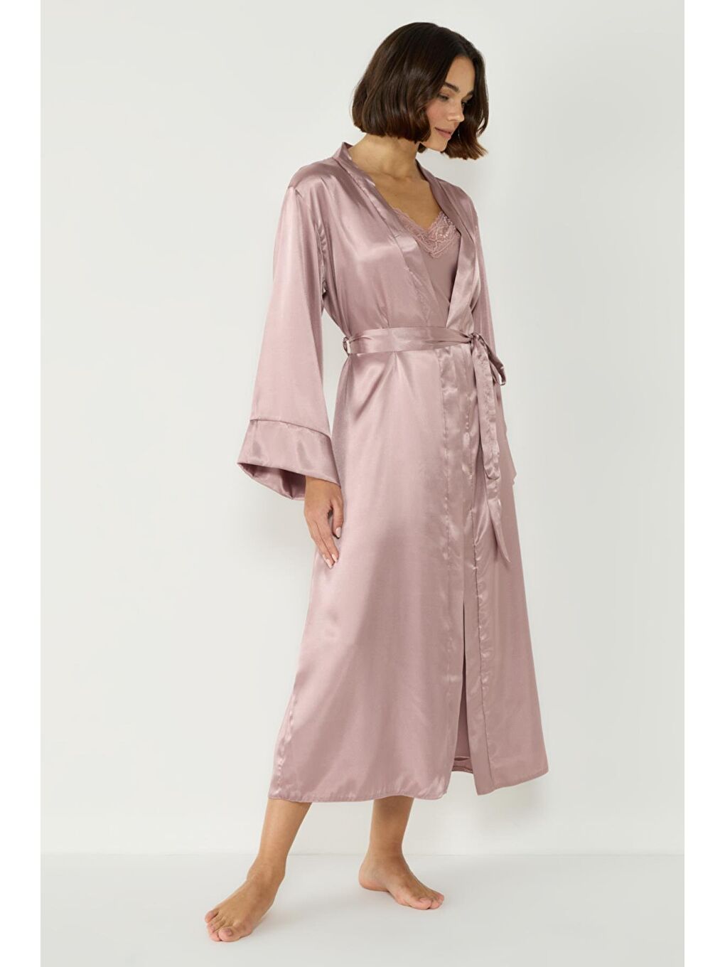 Bej Uzun Kol Saten Sabahlık 093 Vizon-3