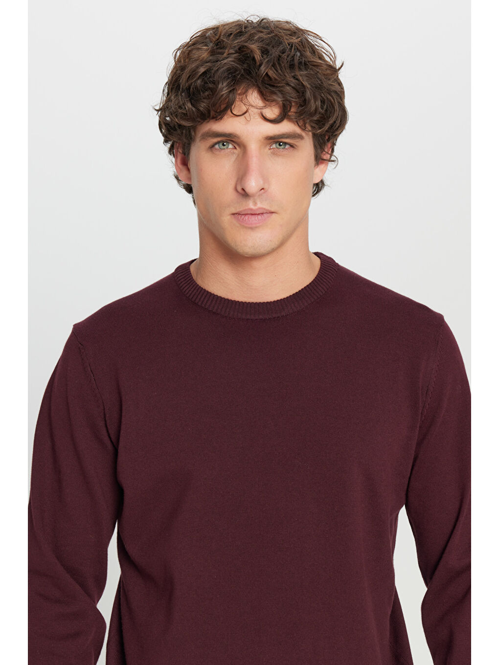 Erkek Bordo Pamuklu Standart Fit Normal Kesim Bisiklet Yaka Triko Kazak-3