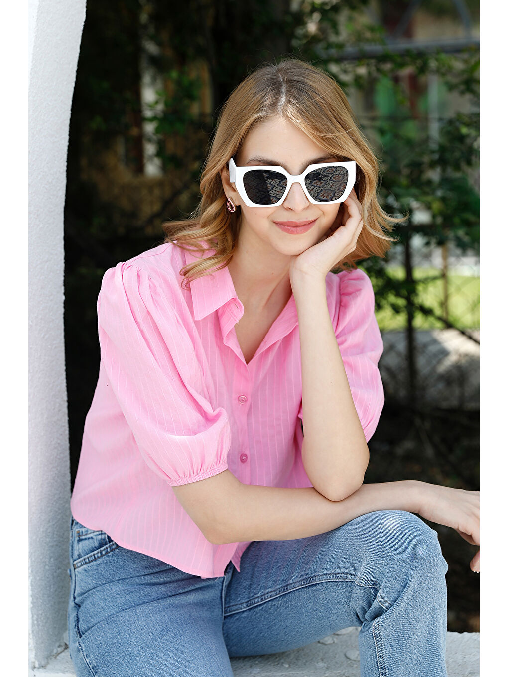 Pembe Çizgili Balon Kol Crop Gömlek-4