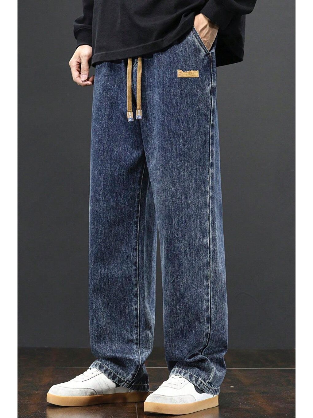 Lacivert Reax Rayn Beli Lastikli İpli Düz Paça Rahat Kesim Erkek Jean Pantolon-1