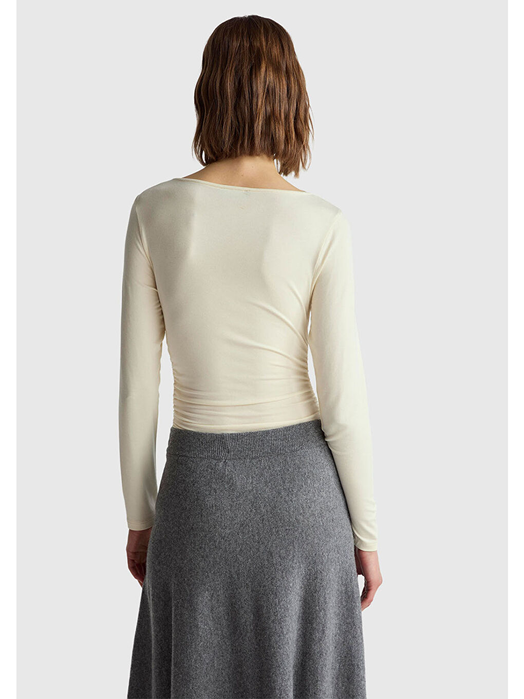 Ekru Kadın Krem Modal Karışımlı Slim Fit Kayık Yaka Uzun Kollu T-Shirt-2