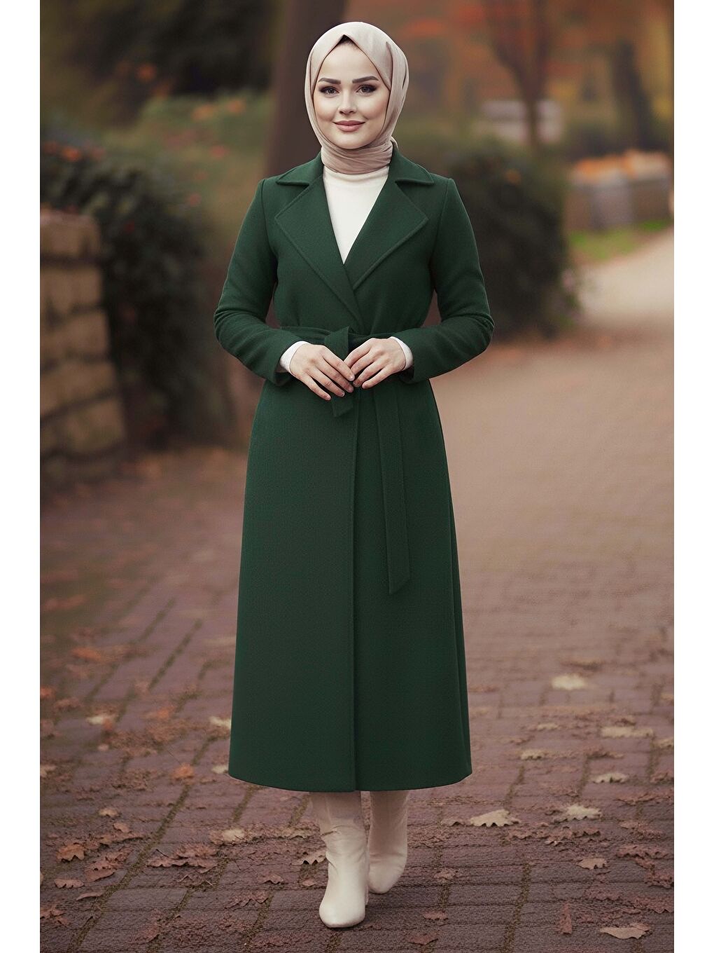 Yeşil Kuşaklı Kaşe Kaban Zumrut - 28009-ZUMRUT-1