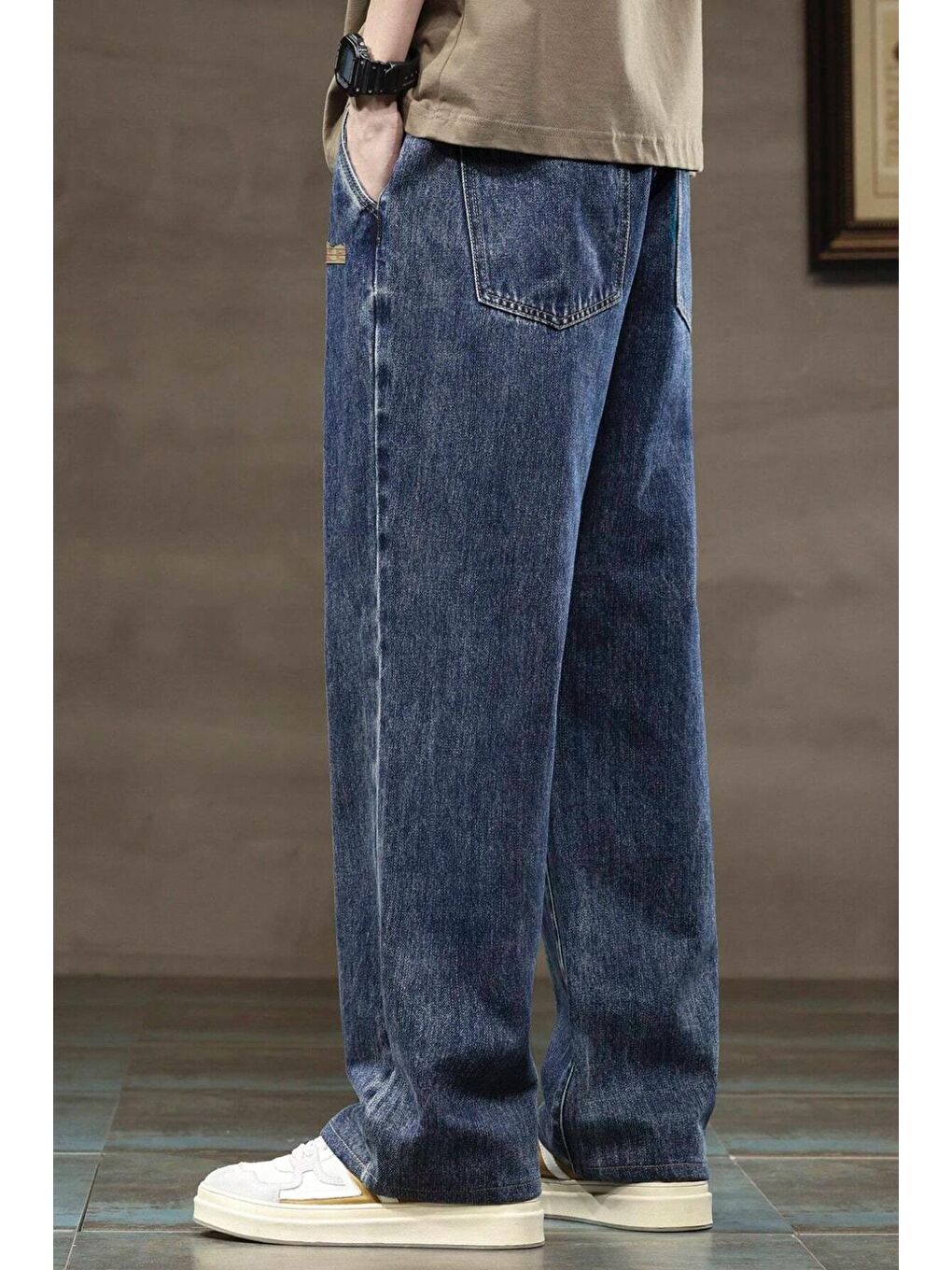 Lacivert Reax Rayn Beli Lastikli İpli Düz Paça Rahat Kesim Erkek Jean Pantolon-2