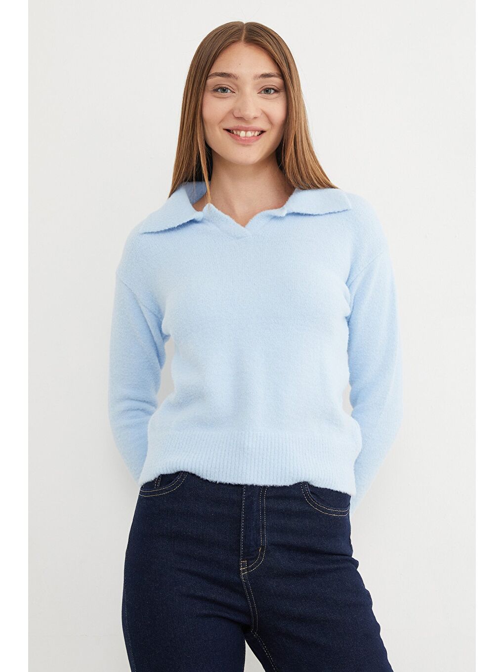 Mavi Basic Gömlek Yaka Sakallı Kazak-1