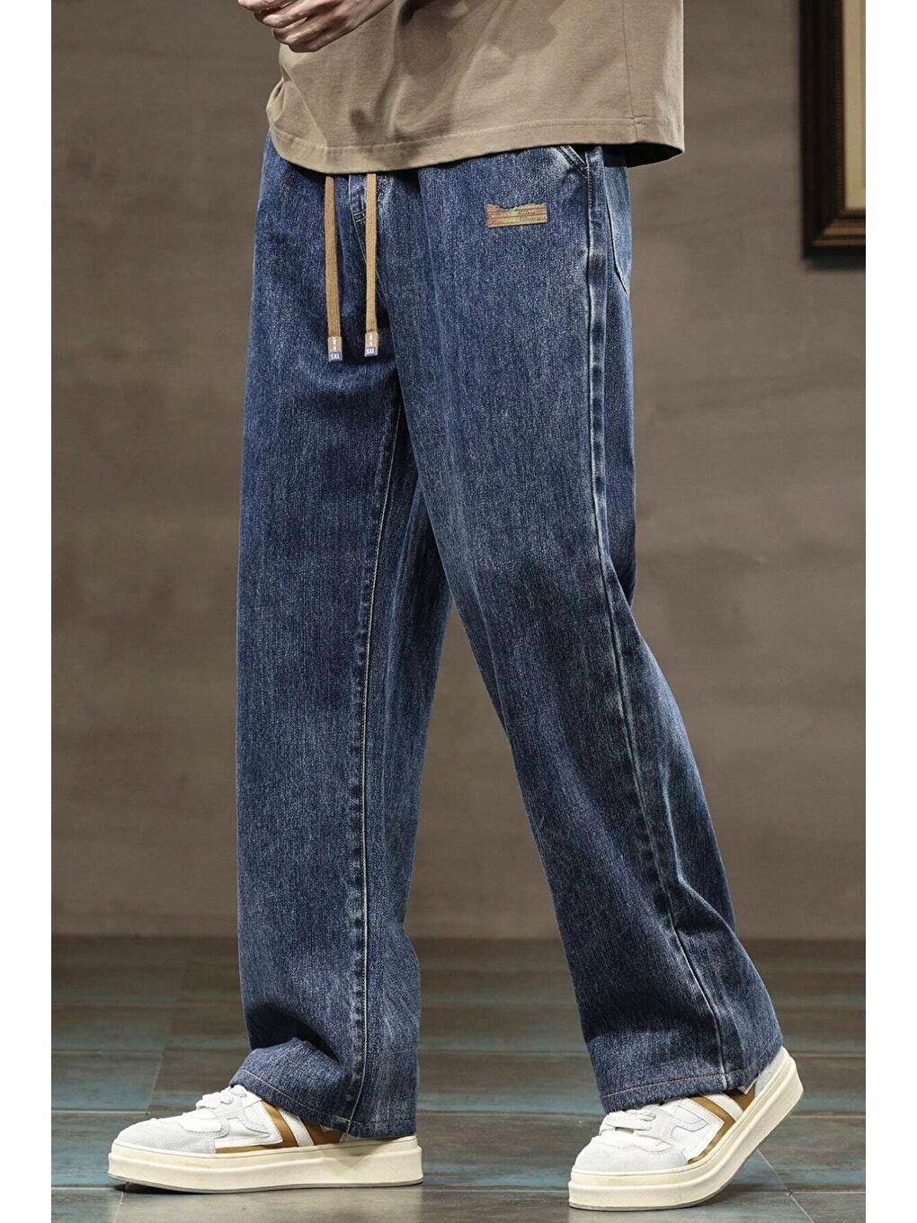 Lacivert Reax Rayn Beli Lastikli İpli Düz Paça Rahat Kesim Erkek Jean Pantolon-3