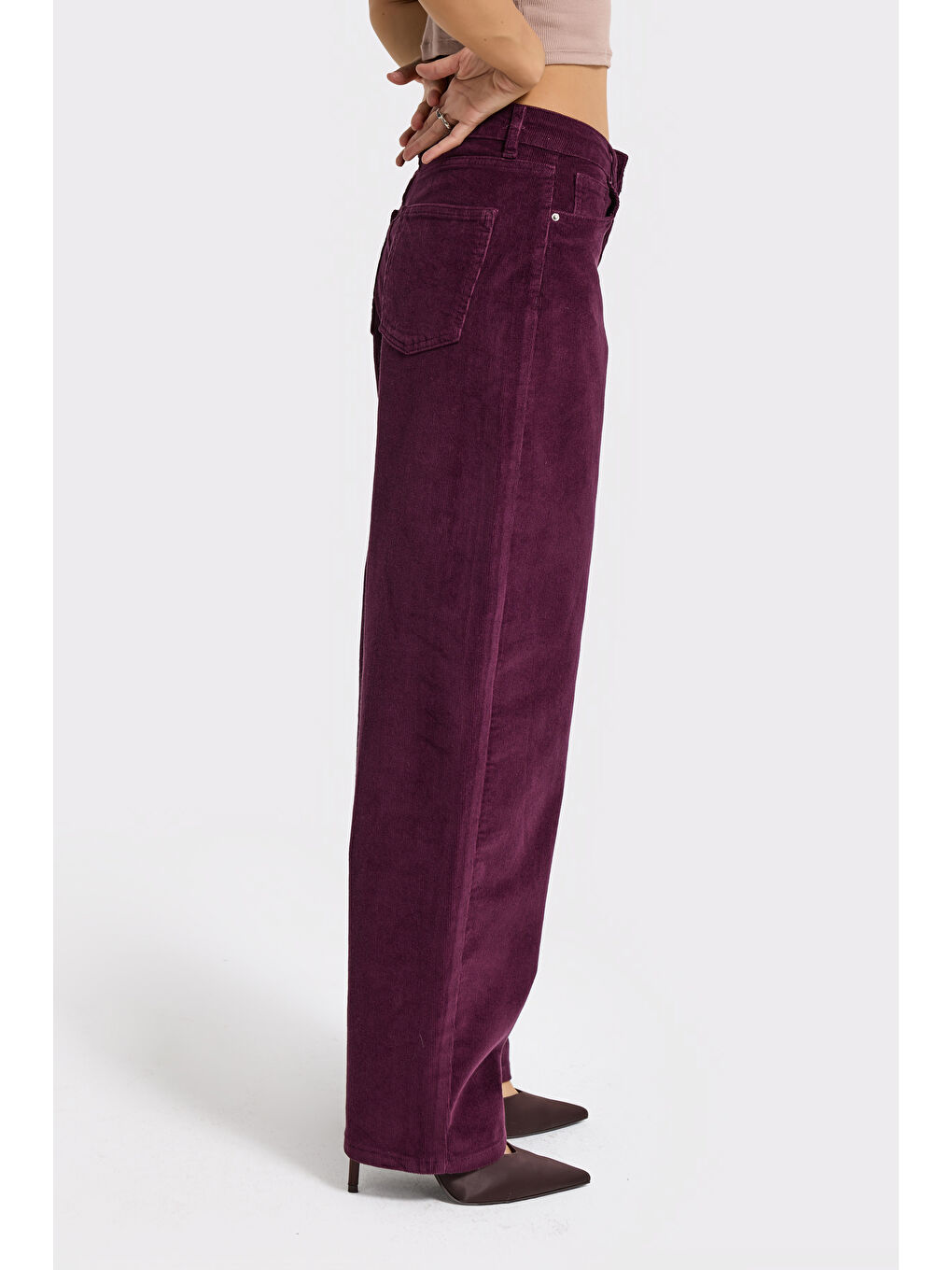 Kadın Mor Renk 26w5-111 Skater Fit Esnek Kumaş İnce Fitilli Velvet Kadife Kumaş Pantolon-1