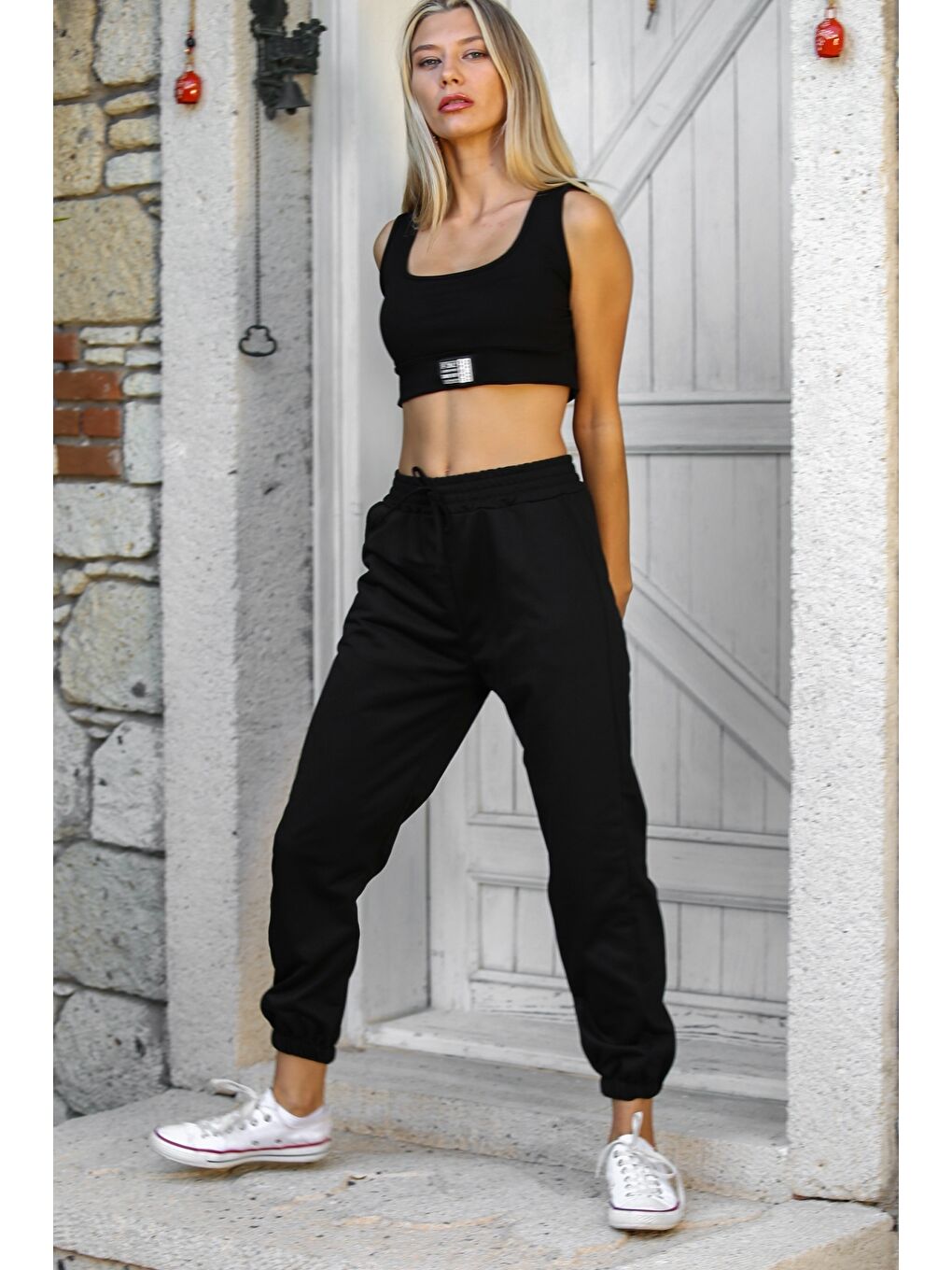 Siyah Çift Cepli Örme Casual Pantolon-6