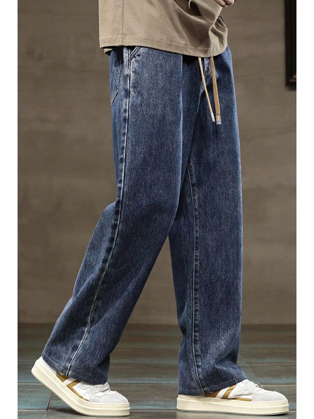 Lacivert Reax Rayn Beli Lastikli İpli Düz Paça Rahat Kesim Erkek Jean Pantolon-4