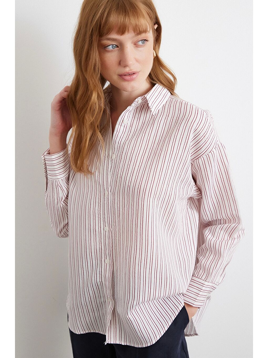 Simetrik Çizgili Gömlek Bordo