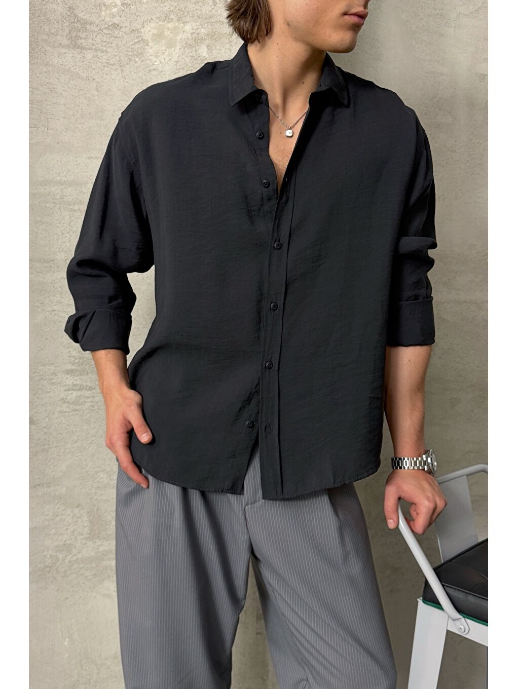 Siyah Erkek Oversize Modal Gömlek-1