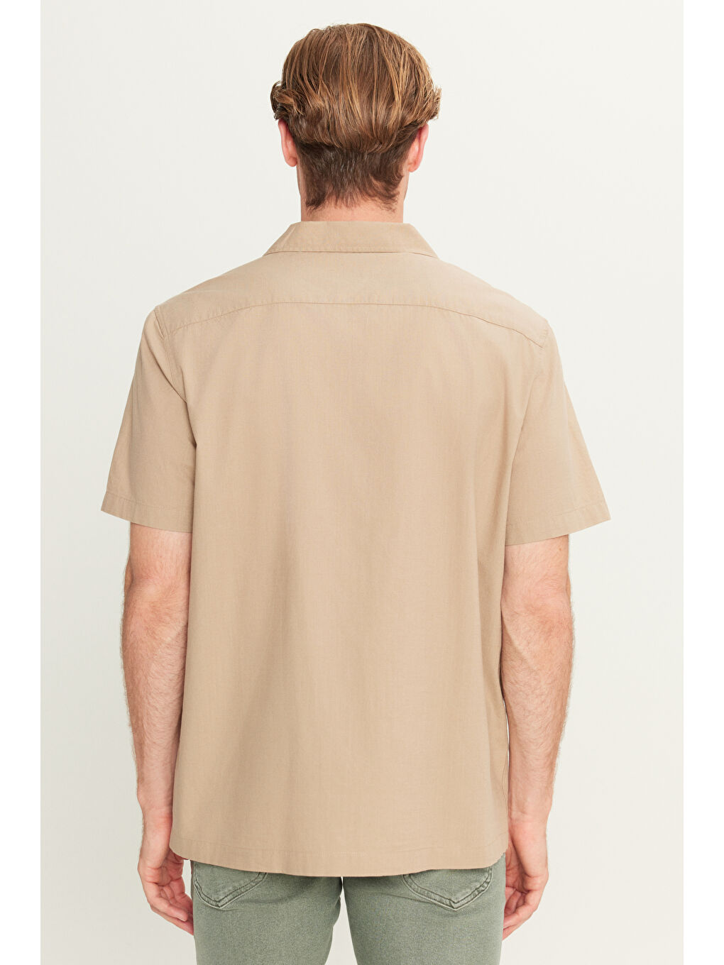 Relaxed Fit Geniş Kesim Pamuk Keten Karışımlı Bej Gömlek-4