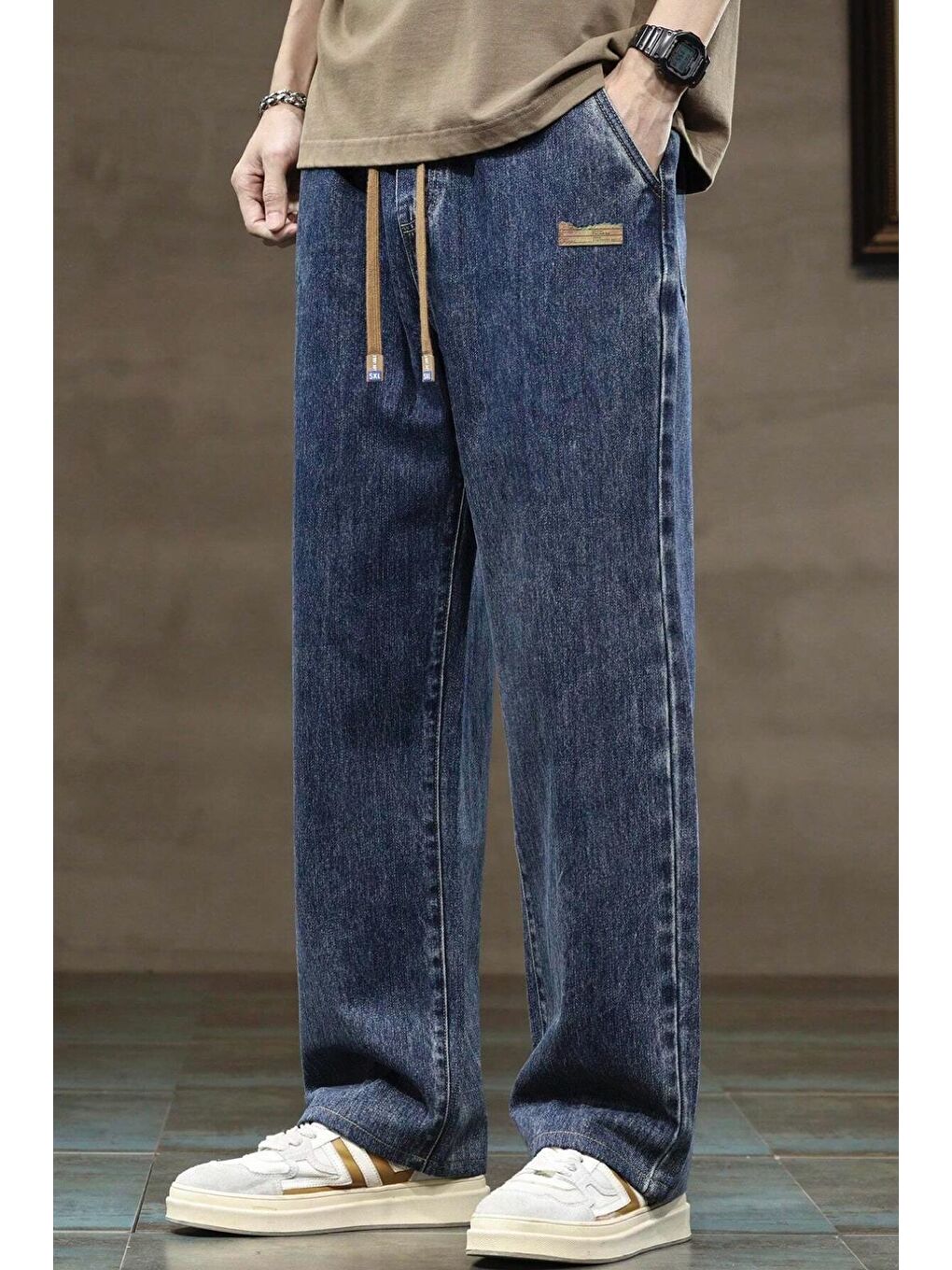 Lacivert Reax Rayn Beli Lastikli İpli Düz Paça Rahat Kesim Erkek Jean Pantolon-5