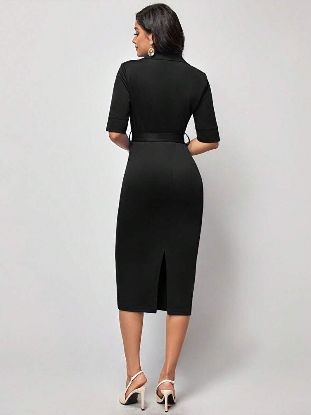 Siyah Kadın Kısa Kollu Yakalı Kruvaze Yakalı Beli Kemerli Midi Modal Elbise-3