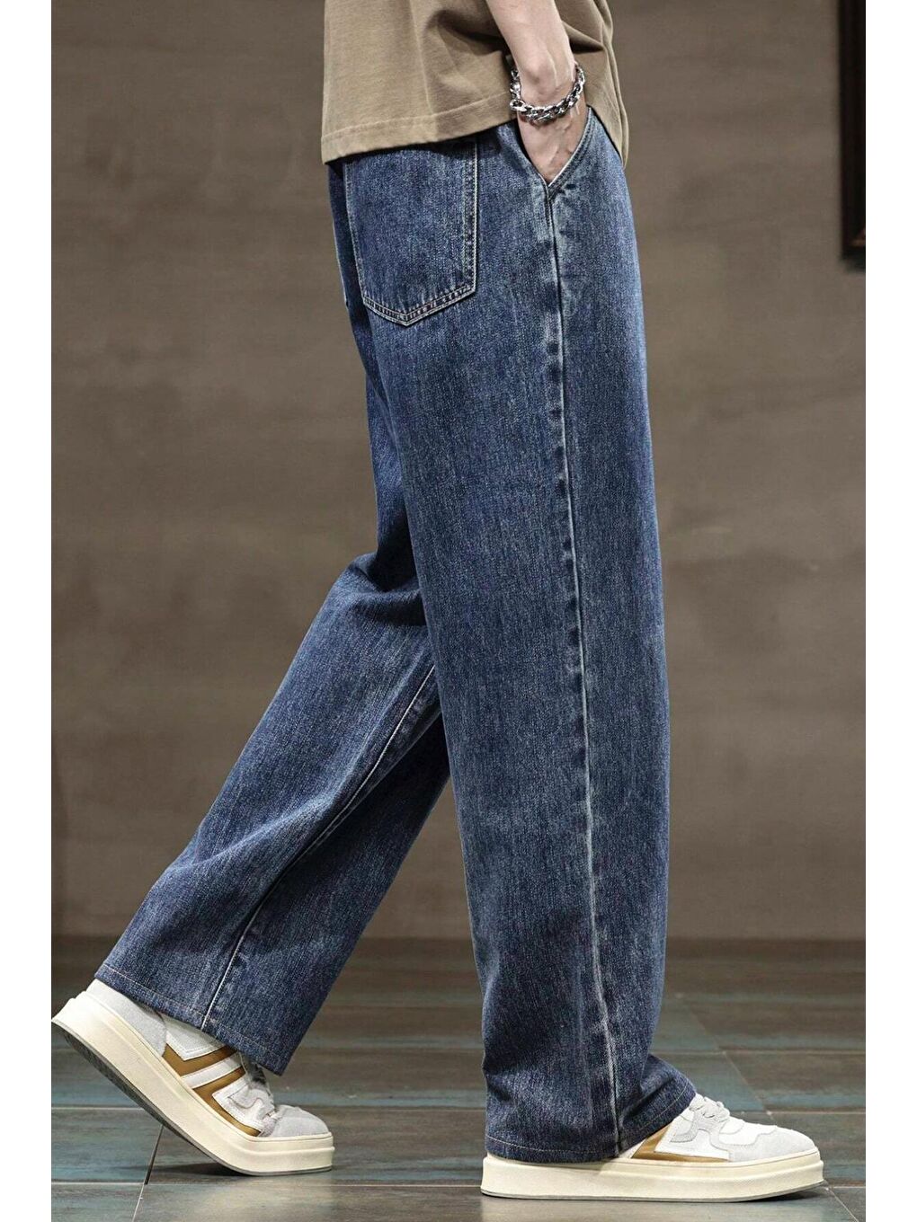 Lacivert Reax Rayn Beli Lastikli İpli Düz Paça Rahat Kesim Erkek Jean Pantolon-6