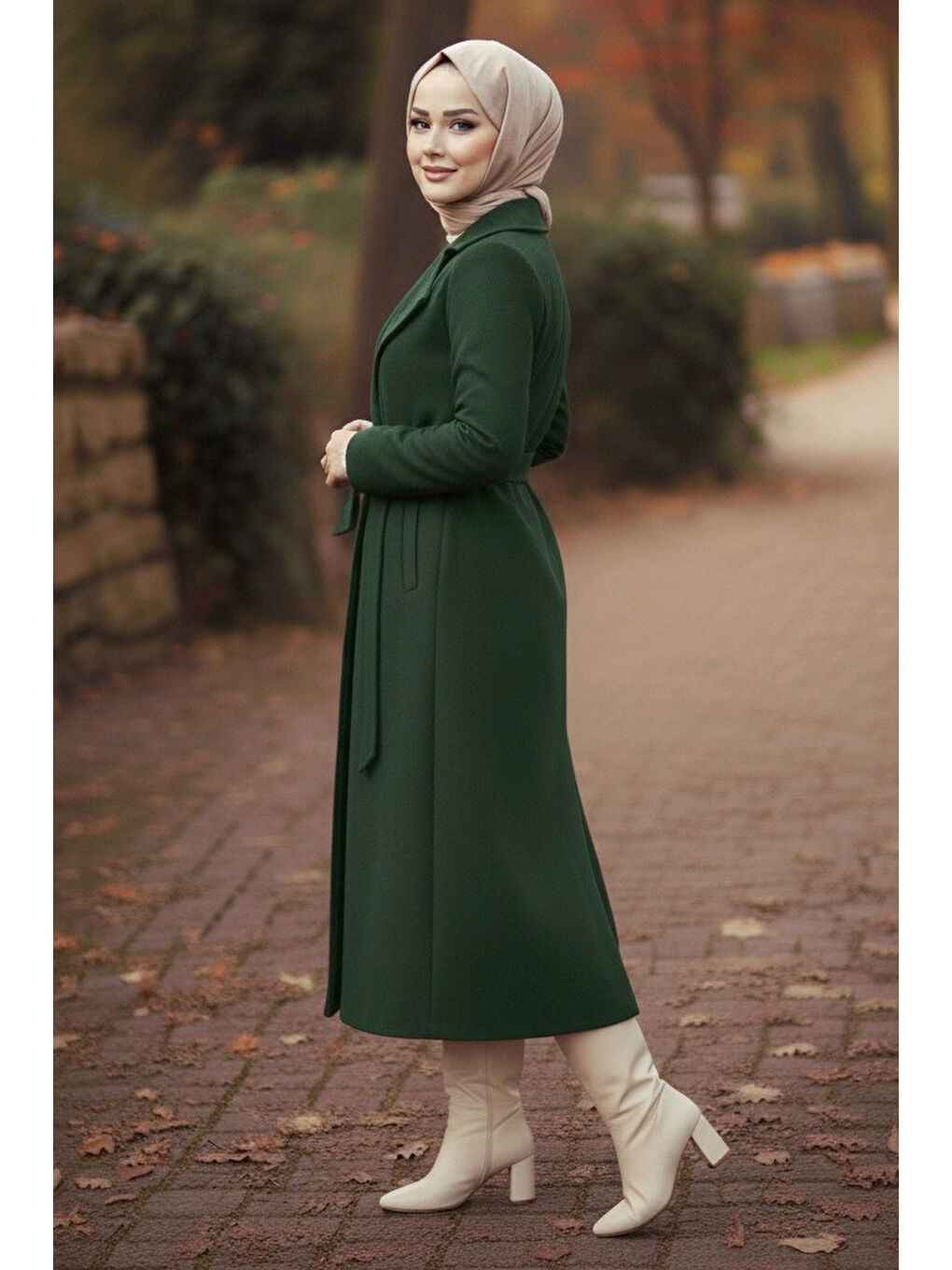 Yeşil Kuşaklı Kaşe Kaban Zumrut - 28009-ZUMRUT-2