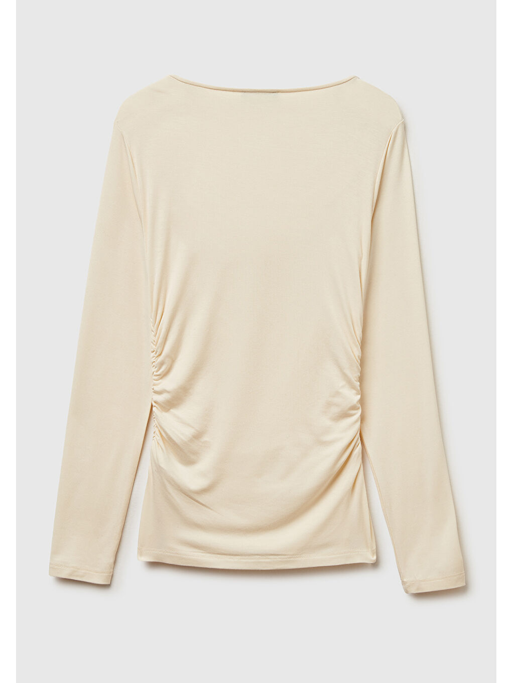 Ekru Kadın Krem Modal Karışımlı Slim Fit Kayık Yaka Uzun Kollu T-Shirt-3