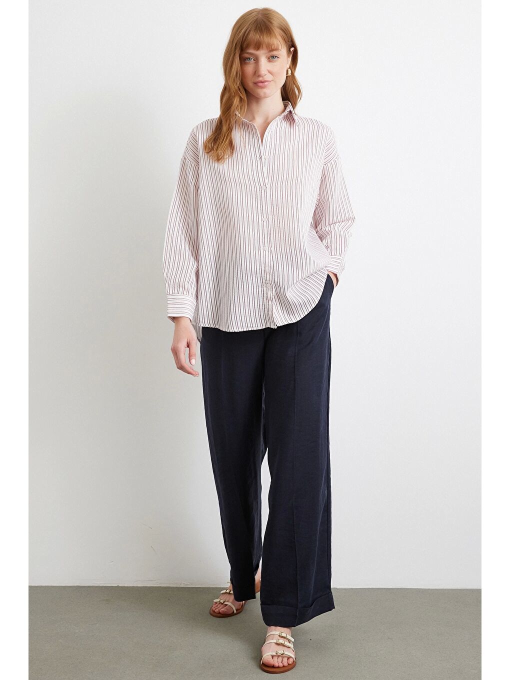 Simetrik Çizgili Gömlek Bordo-1